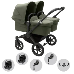 Bugaboo Donkey 5 Twin Pushchair & Maxi-Cosi Pebble 360 Travel System - Black / Forest Green
