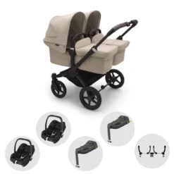 Bugaboo Donkey 5 Twin Pushchair & Carrycot With Maxi-Cosi Cabriofix I-Size Travel System - Black & Desert Taupe