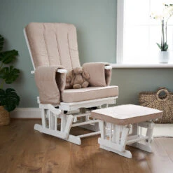 Obaby Deluxe Reclining Glider Chair And Stool - White And Sand