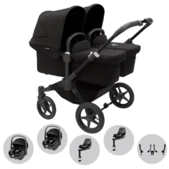 Bugaboo Donkey 5 Twin Pushchair & Maxi-Cosi Pebble 360 Travel System - Black / Midnight Black