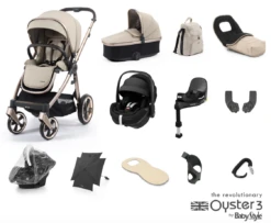 Oyster 3 Ultimate 12 Piece Maxi Cosi Pebble Pro 360 Travel System | Crème Brulee (Champagne Chassis)